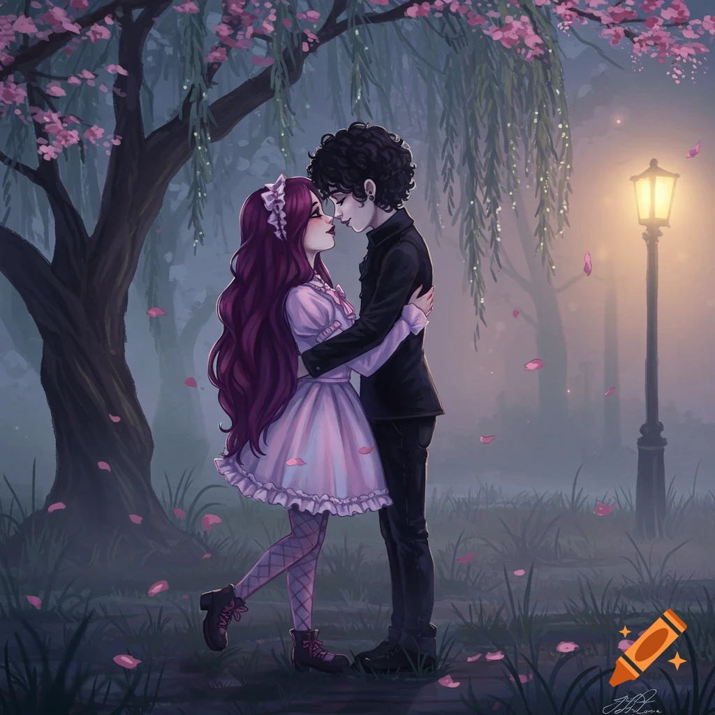 An illustrated goth couple embracing under a cherry blossom tree in a misty park at night, lit by a street lamp.