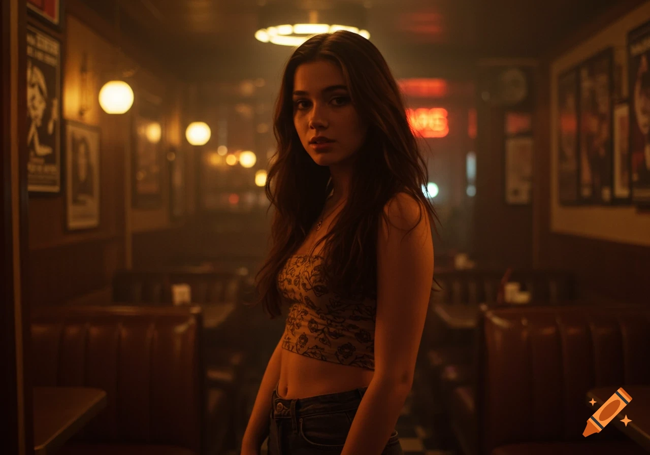 A young woman with long dark hair stands in a dimly lit bar or diner, looking towards the viewer.