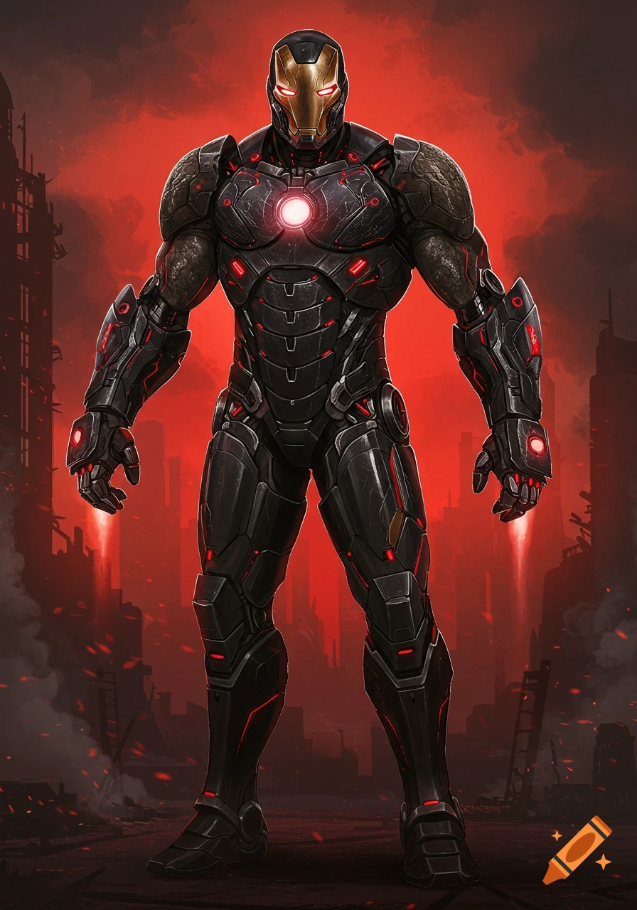 A dark, armored superhero with gold and red glowing elements stands in a destroyed cityscape under a red sky.