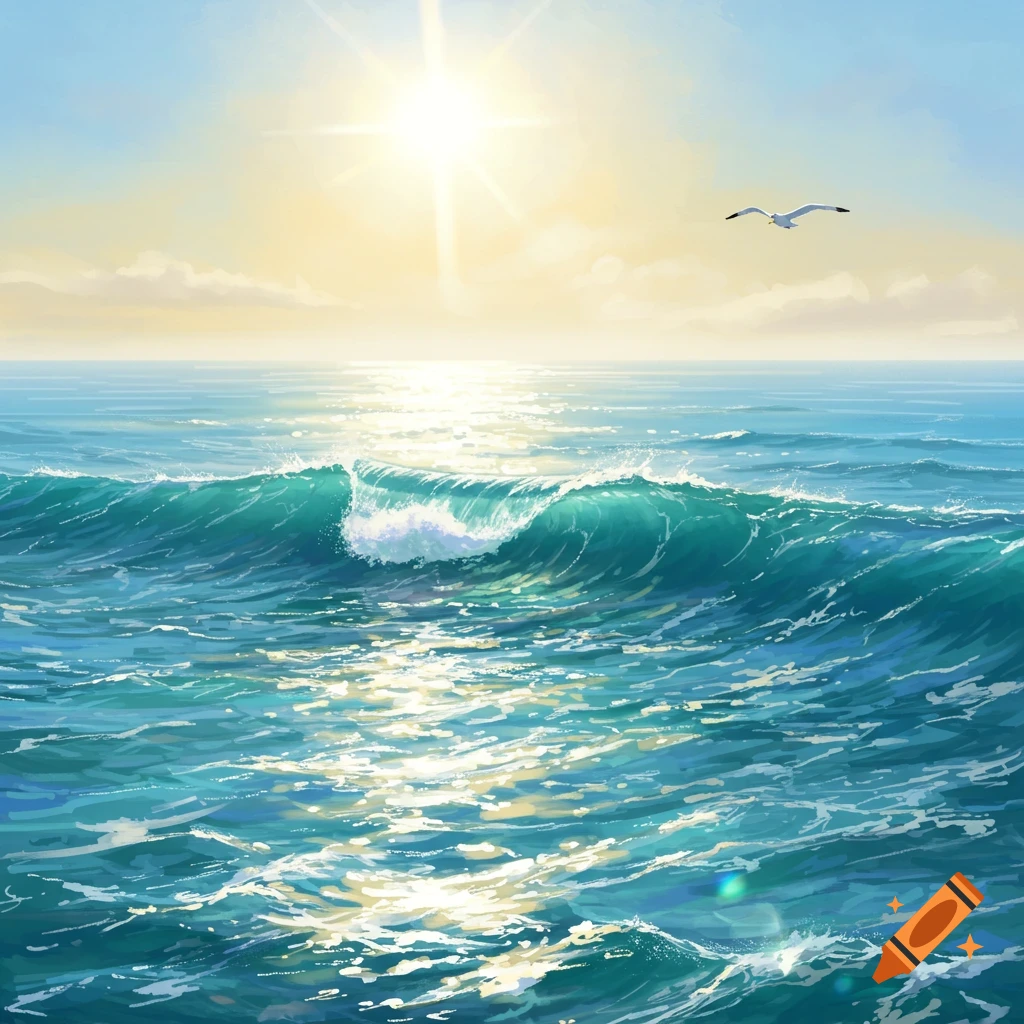 Vibrant illustration of a bright sun over a blue-green ocean with sparkling waves and a soaring seagull.