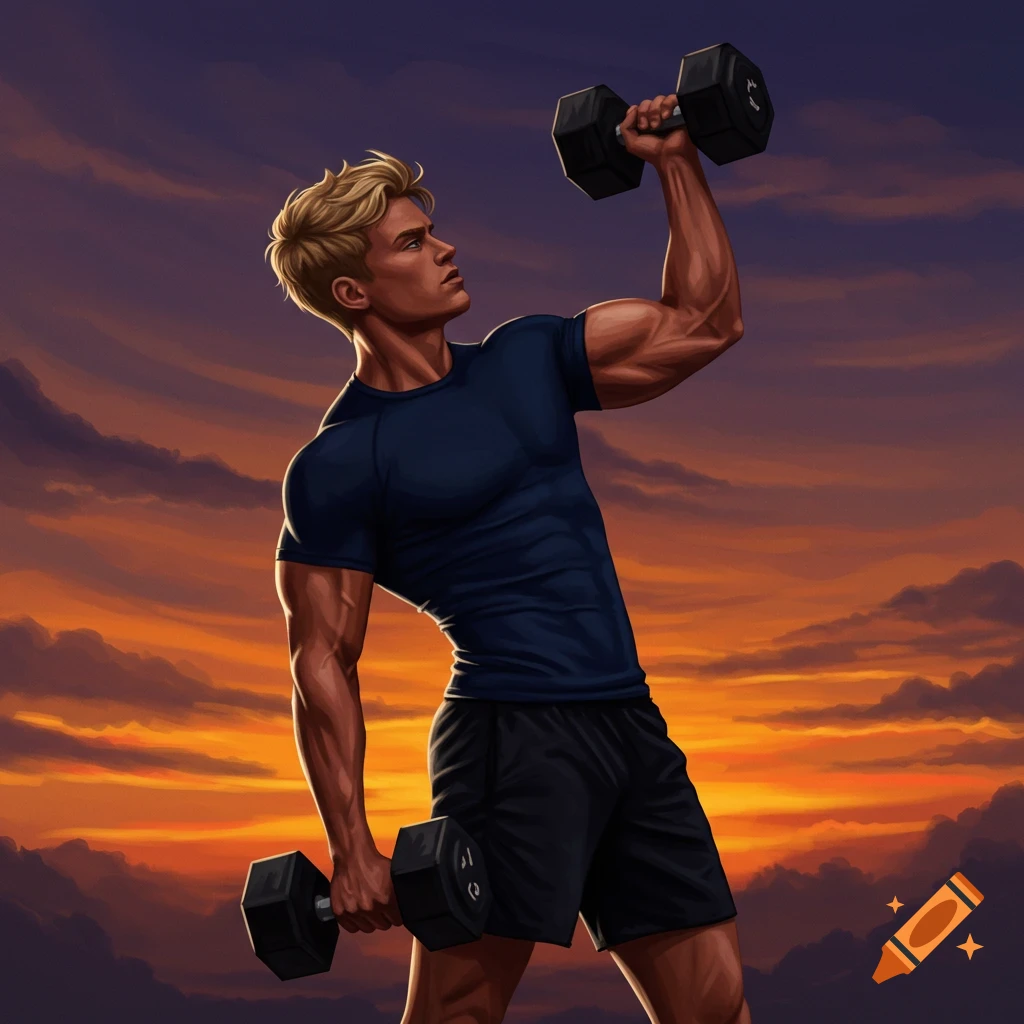 Muscular blonde man in a navy shirt and black shorts doing a dumbbell raise against a sunset sky.