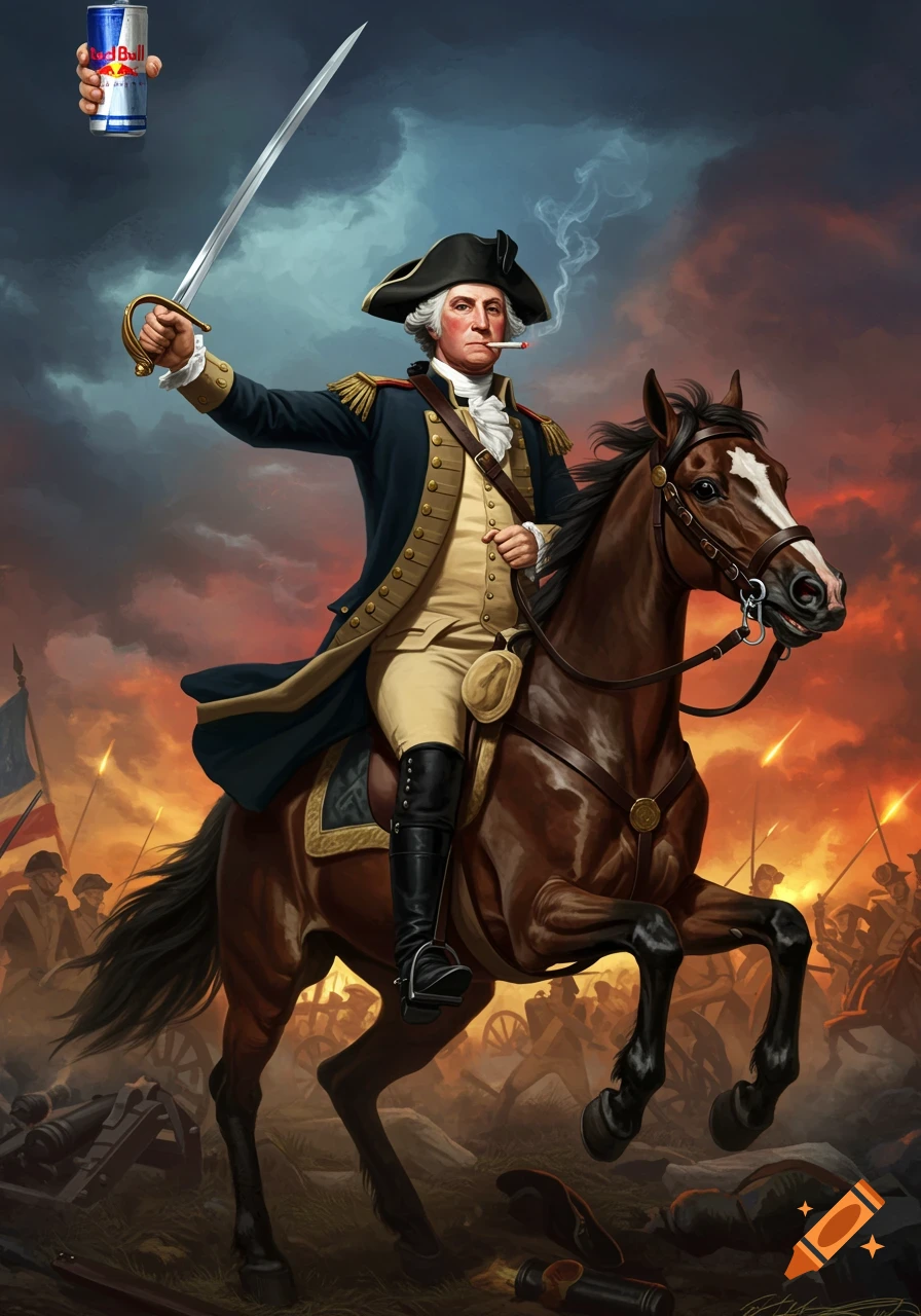 George Washington on horseback in battle, holding a sword and a Red Bull, smoking a cigarette in a hyper-realistic style.