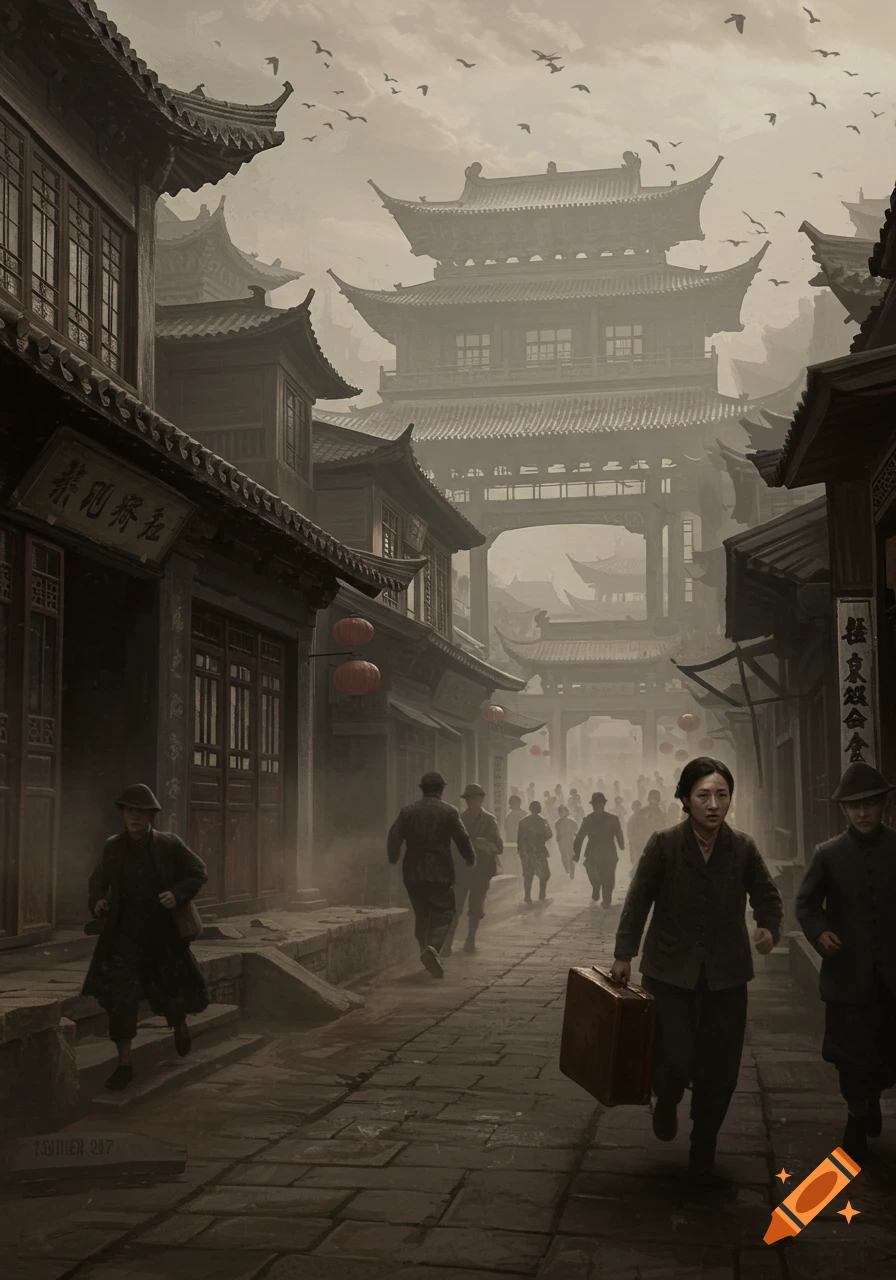 A somber, misty street scene in an old Chinese city with traditional architecture and people walking through the fog.