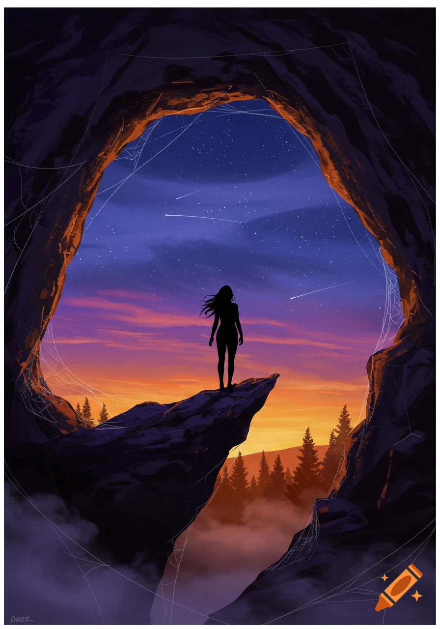 A silhouetted woman stands on a rock formation within a cave opening, looking out at a starry night sky with an orange sunset glow on the horizon and misty forest below. Spider webs frame the cave entrance.