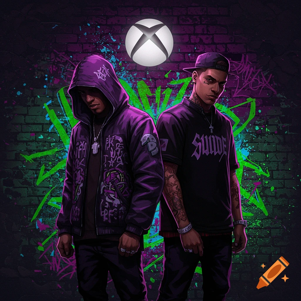 Two men in urban streetwear stand against a graffiti-covered brick wall, with a large Xbox logo floating above them.