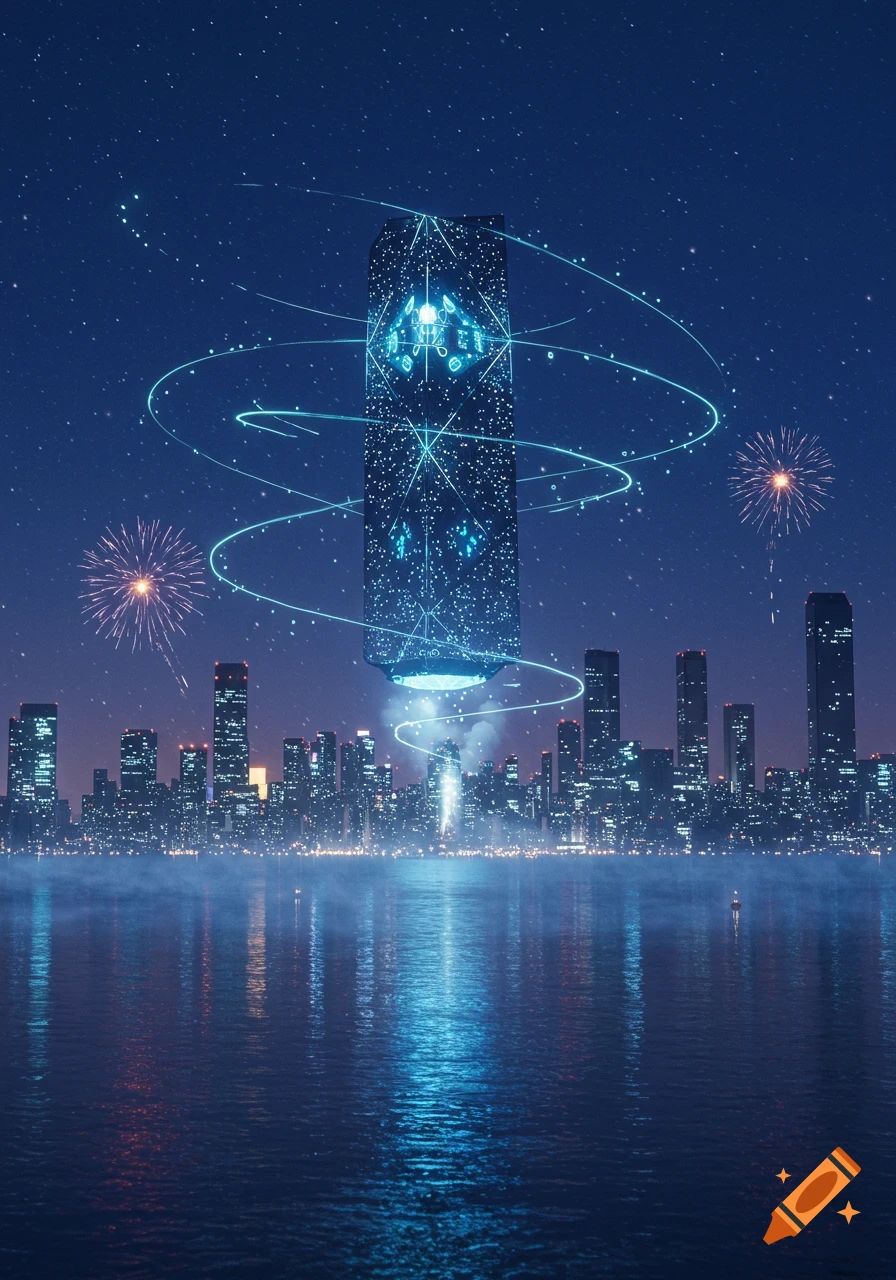 A futuristic cityscape at night with a large glowing tower hovering above the water, surrounded by swirling blue light and fireworks.