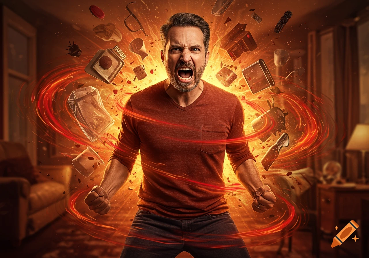 Photorealistic image of a man screaming in anger, surrounded by swirling red energy and flying household objects.