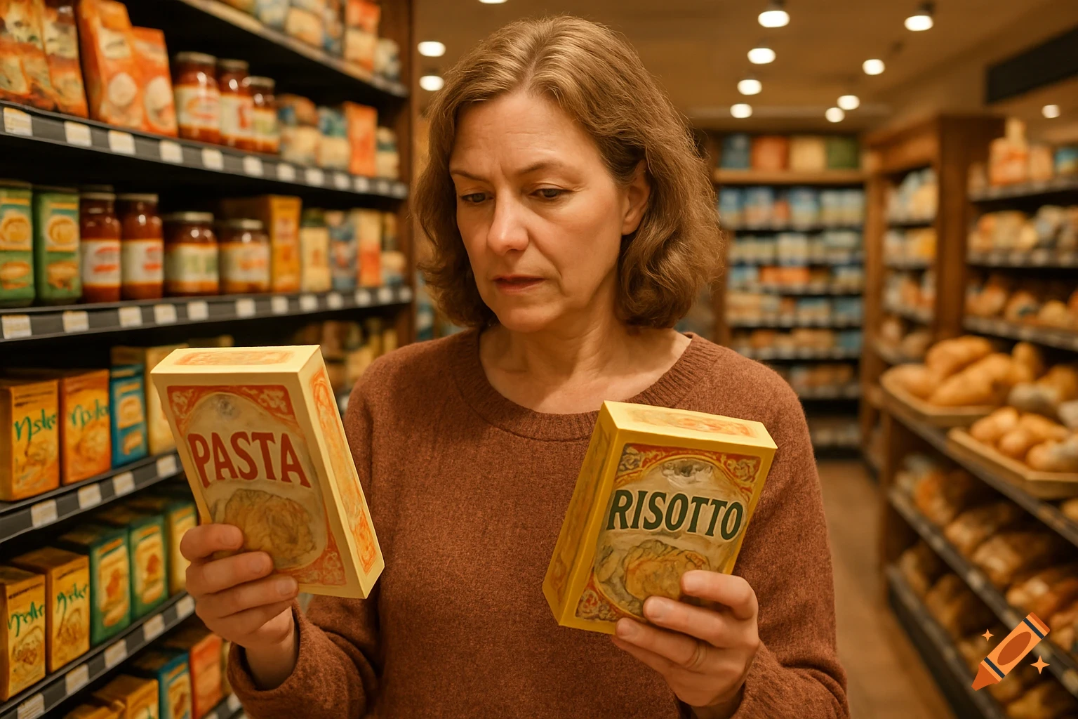 A middle-aged woman in a brown sweater examines two food boxes labeled 'Pasta' and 'Risotto' in a grocery store aisle.