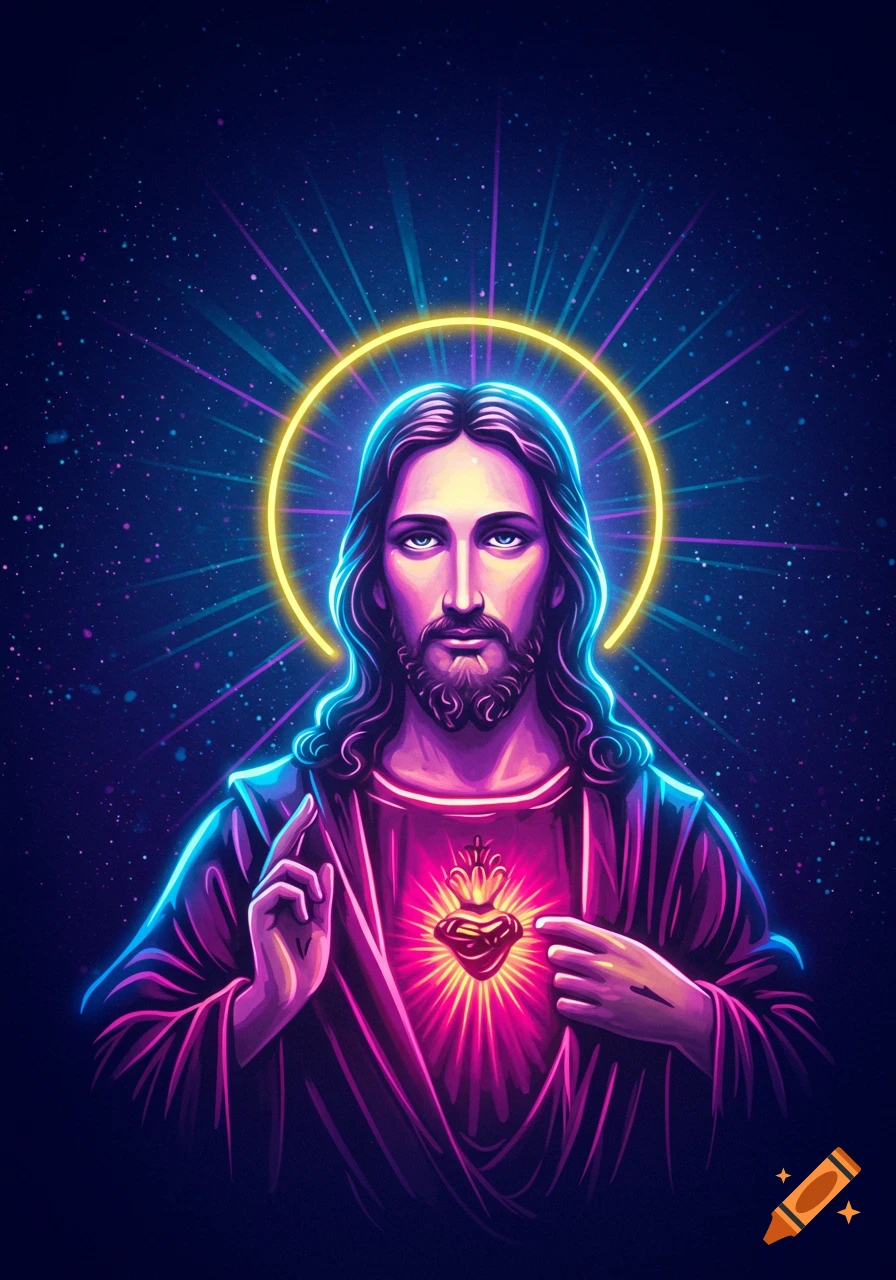 Vibrant neon digital art of Jesus Christ with a glowing Sacred Heart against a starry background.