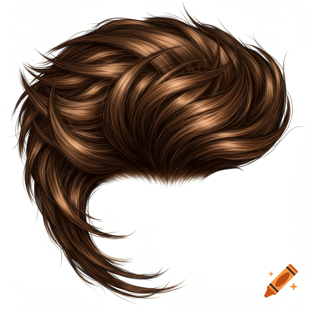 A realistic illustration of wavy, layered brown hair, isolated on a white background.