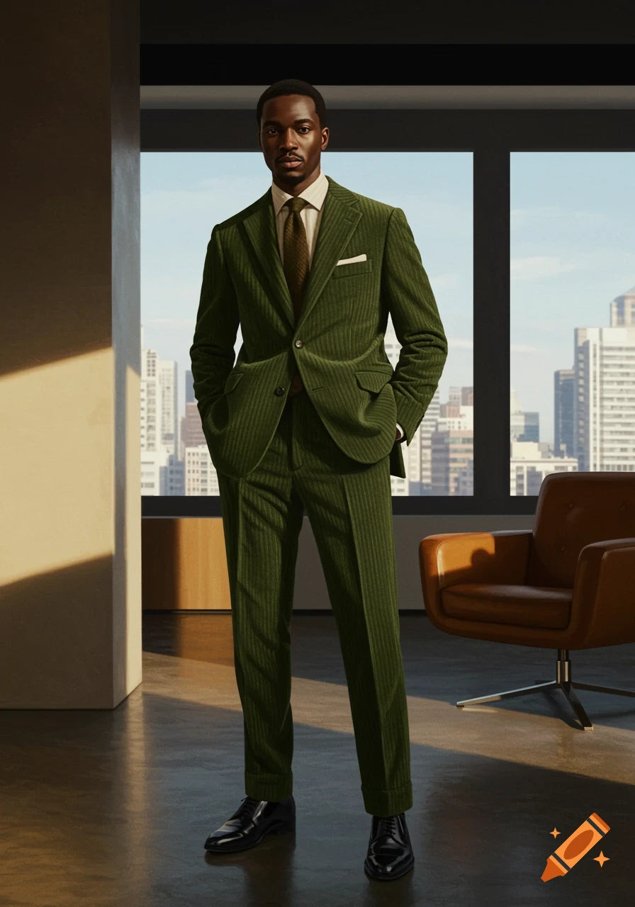 A man in a green corduroy suit and black shoes stands in a modern room with large windows overlooking a city skyline, looking forward.