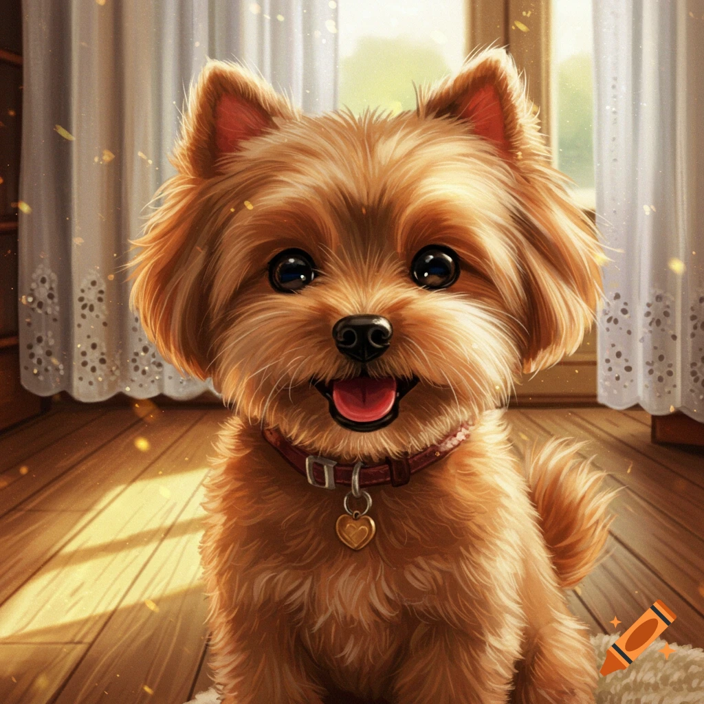 A cute, fluffy brown dog with big eyes smiles at the camera in a sunlit room.