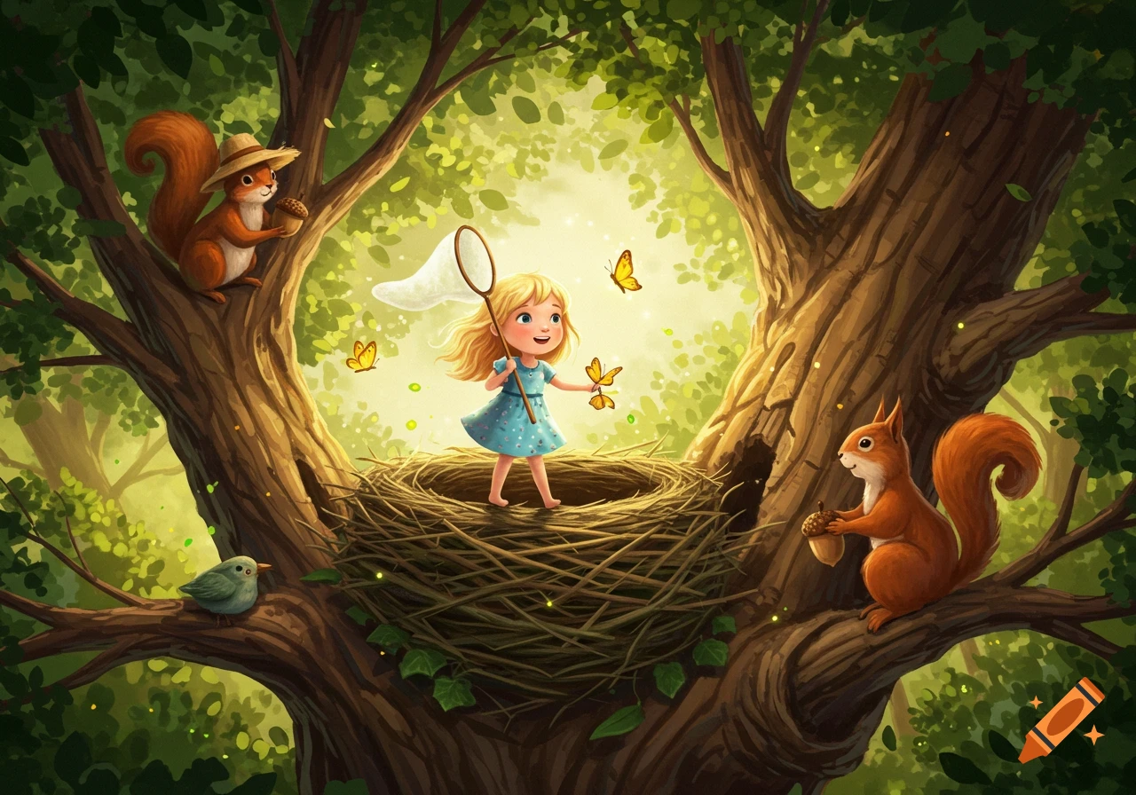 A cute illustrated girl in a giant bird's nest in a tree, holding a butterfly net among butterflies, with squirrels on branches.