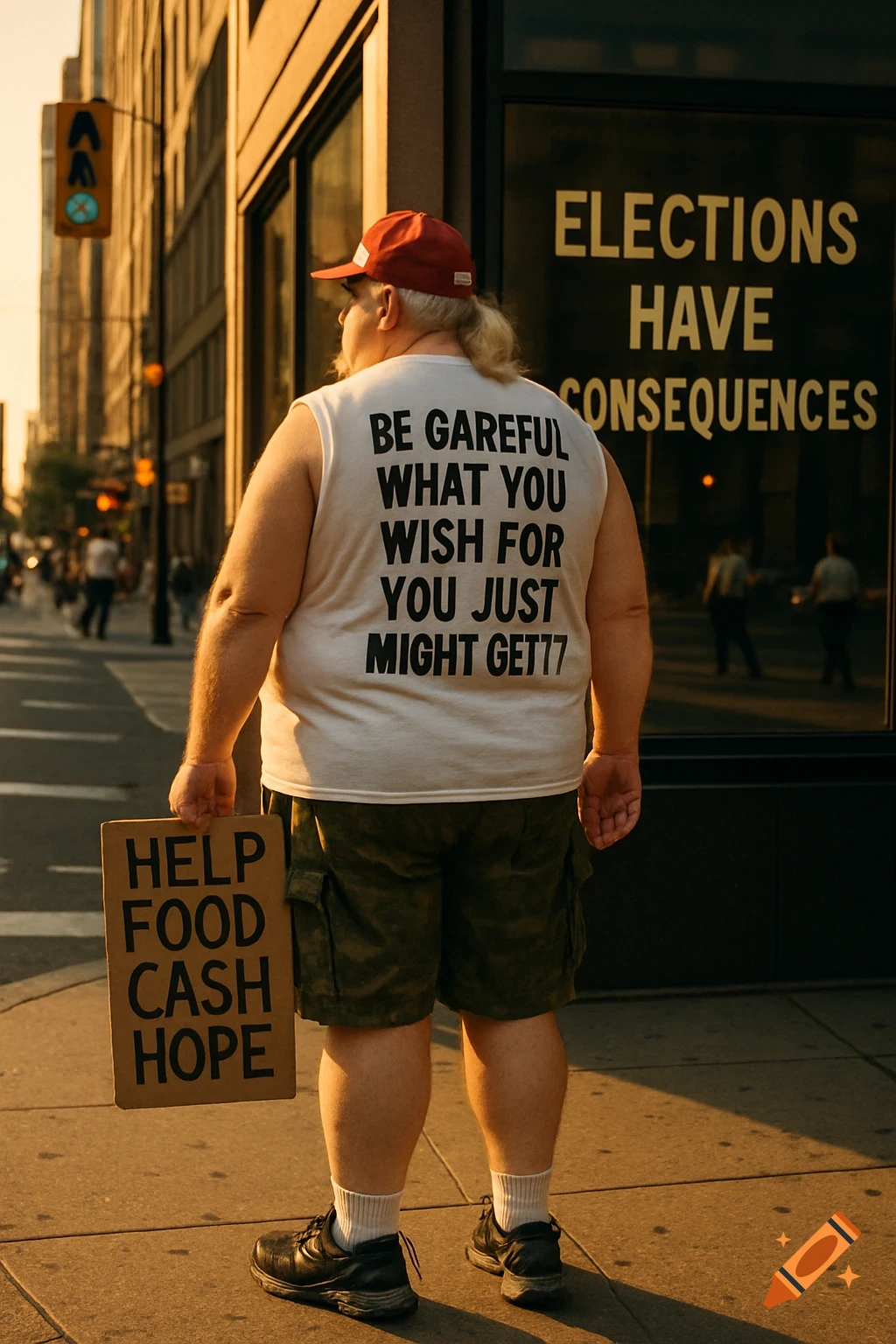 A heavy-set man in a red cap and white sleeveless shirt stands on a street corner, holding a 'HELP FOOD CASH HOPE' sign. Photorealistic image.