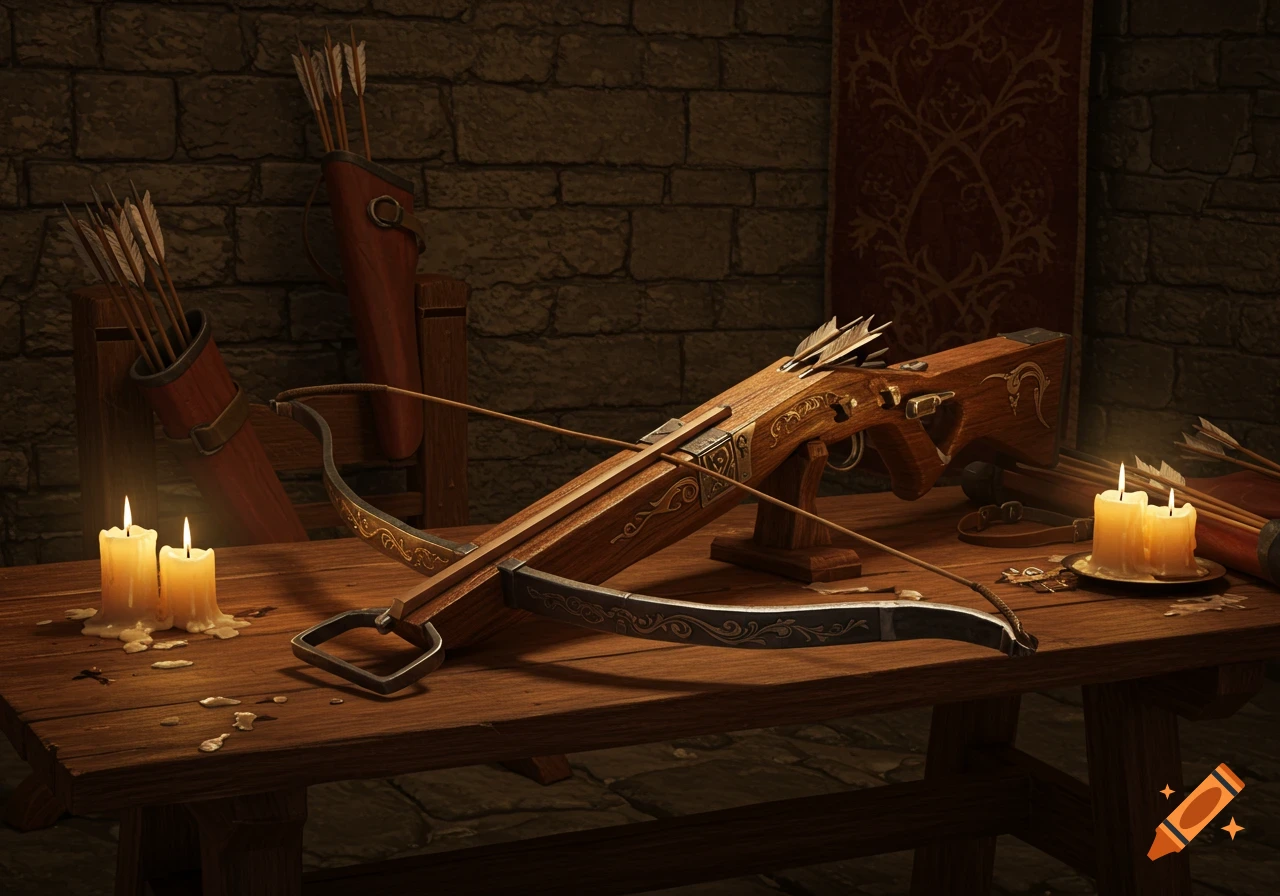 A detailed medieval crossbow on a wooden table, illuminated by candlelight, with quivers of arrows and a stone wall in the background.