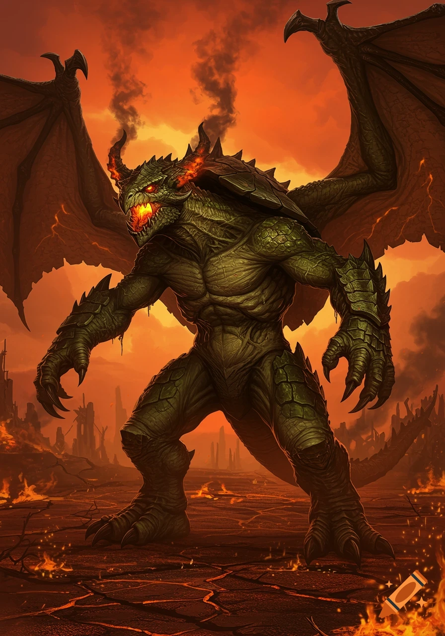 A fearsome green dragon-turtle monster with glowing red eyes and fiery horns stands on a cracked, fiery landscape under an orange sky.