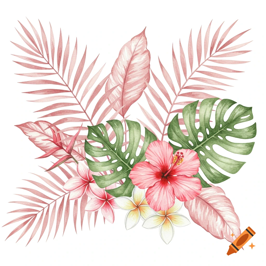 Watercolor illustration of tropical pink and green palm leaves, monstera, hibiscus, and plumeria flowers on a white background.