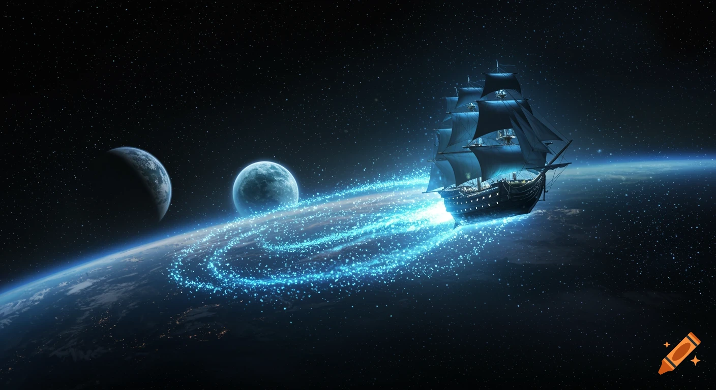 A dark space galleon ship with sails flies through space, leaving a trail of sparkling blue light, with two planets and stars in the background.