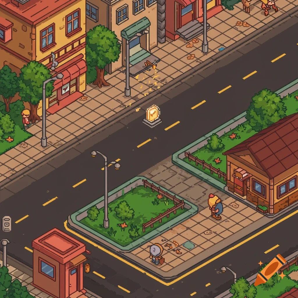 Isometric pixel art city street scene with buildings, a road, sidewalks, trees, and a glowing collectible icon.