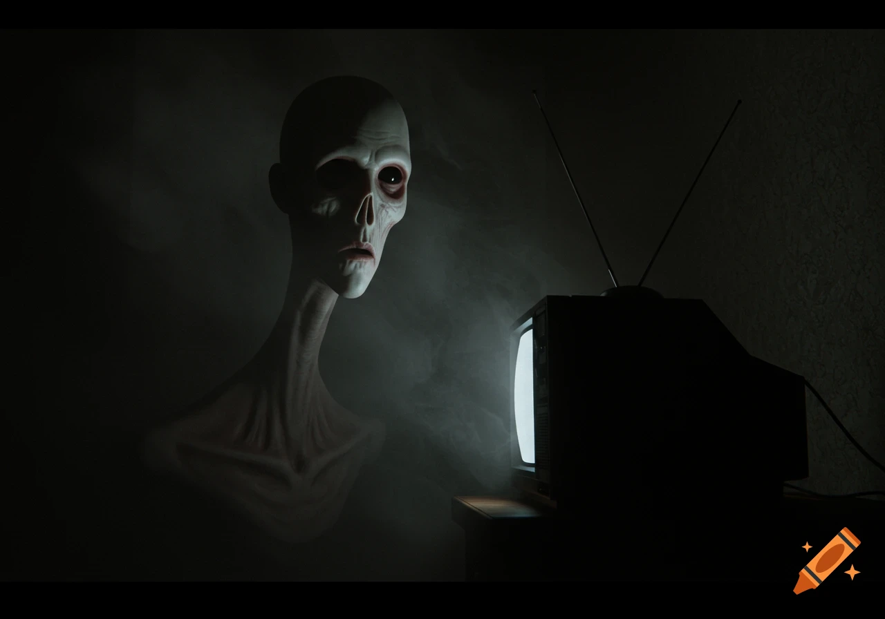 A pale, gaunt humanoid figure with large dark eyes looks towards a glowing old television in a dark, smoky room.