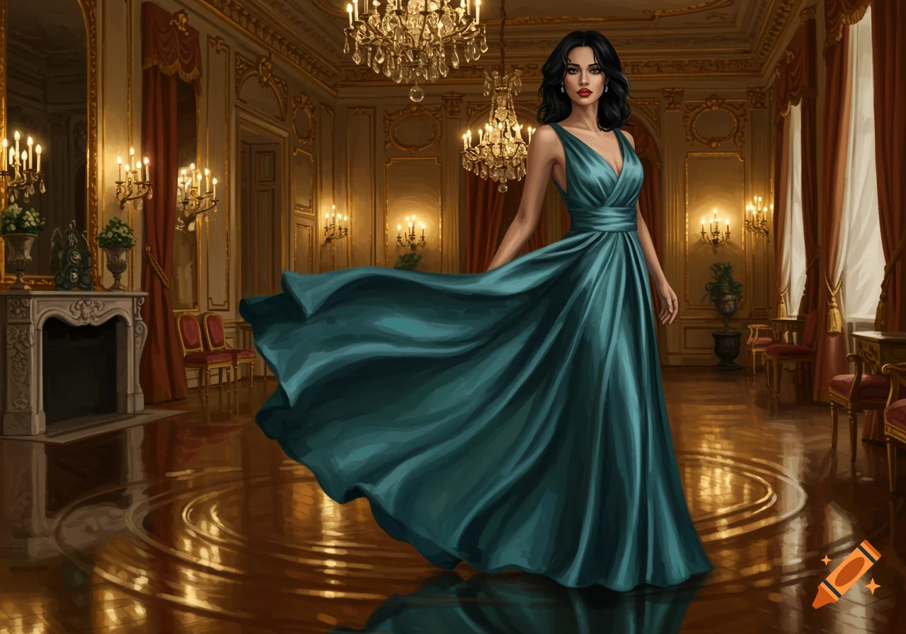 An elegant woman in a flowing teal gown stands in a luxurious, ornate ballroom with chandeliers and reflective floors.