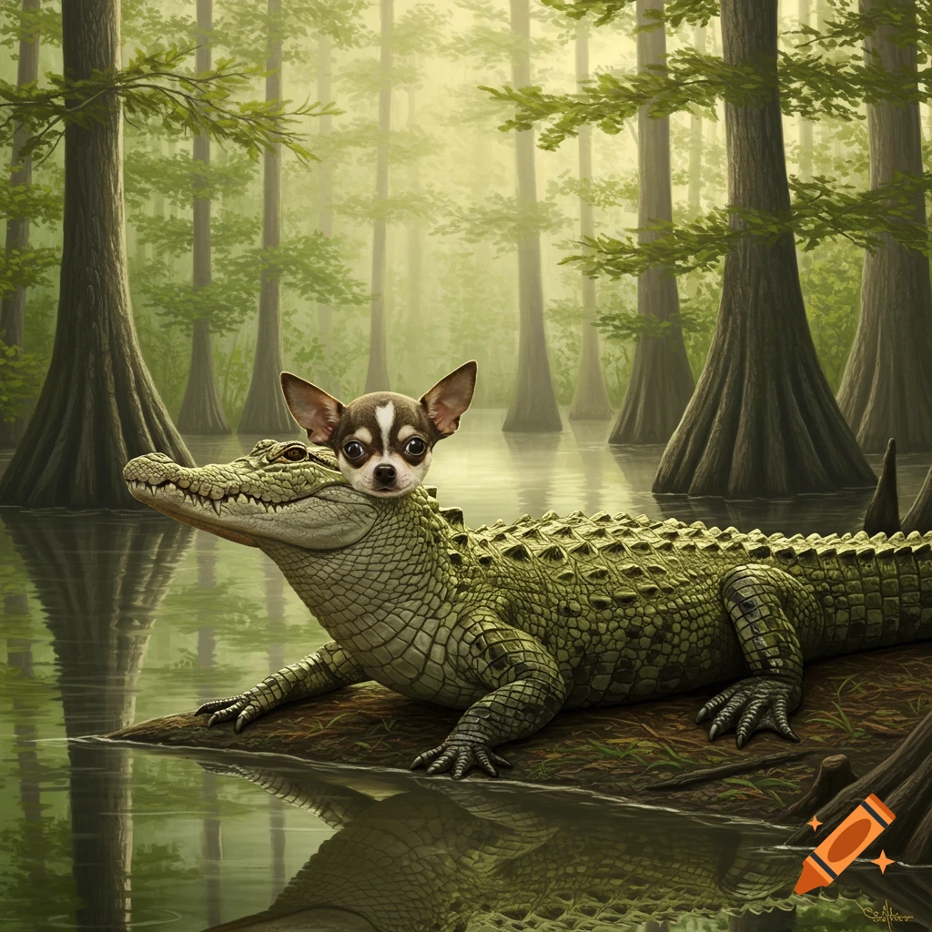 A chihuahua's head on an alligator's body rests on land in a foggy swamp with tall trees.