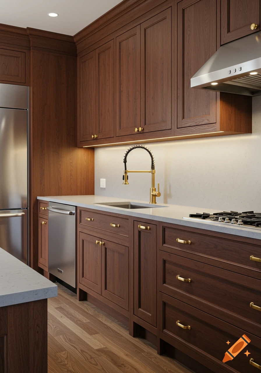 Photorealistic kitchen with cherry wood cabinets, light grey countertop, gold faucet, and stainless steel appliances.