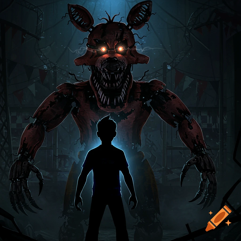 A silhouetted boy with a blue glow stands in a dark, ominous room, facing a giant, menacing red animatronic fox with sharp teeth and glowing eyes.