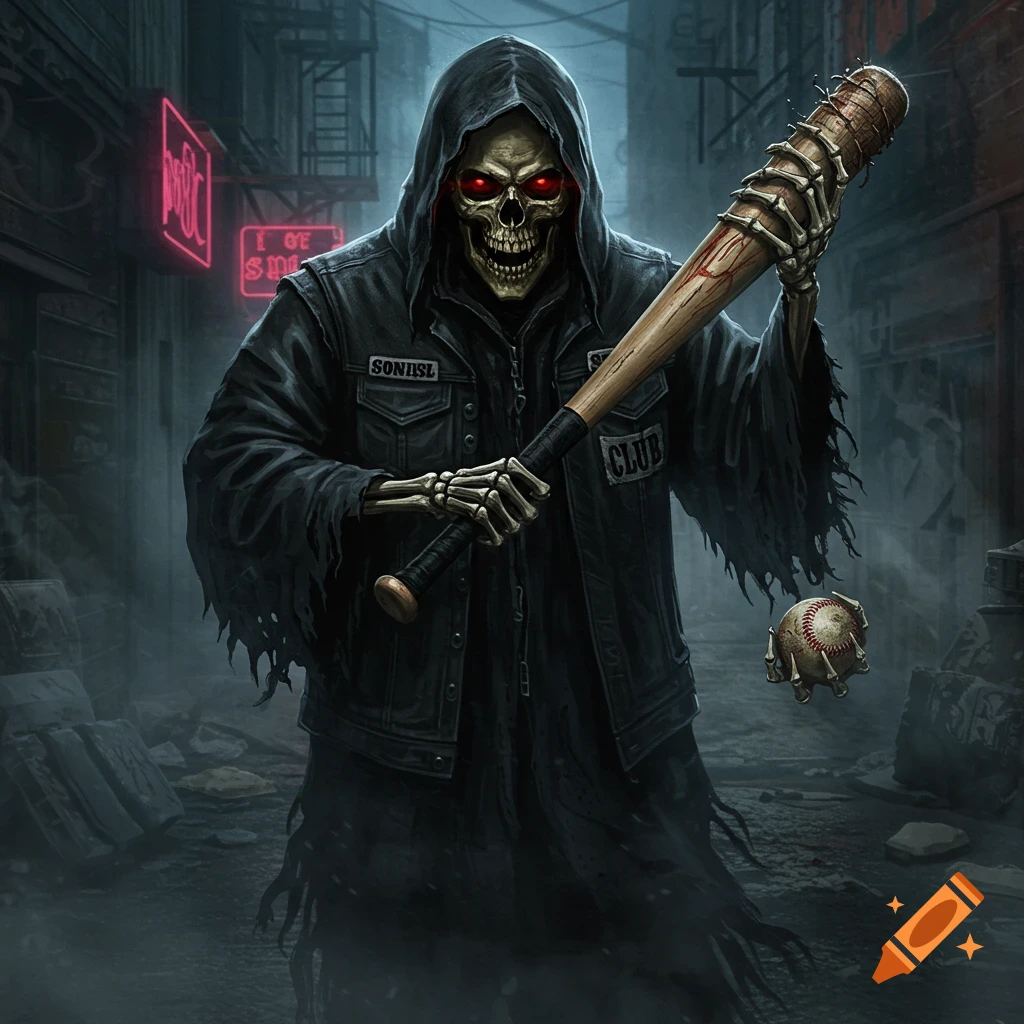 A grim reaper skeleton in a leather jacket holds a spiked baseball bat in a dark alley with a baseball floating nearby.