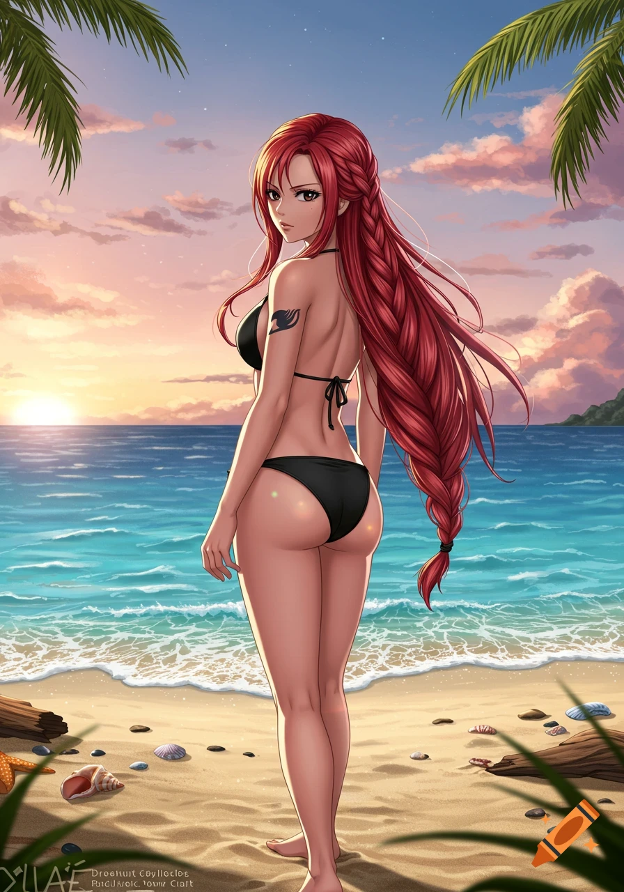 Anime woman with long red braided hair in a black bikini on a beach at sunset, looking over her shoulder.