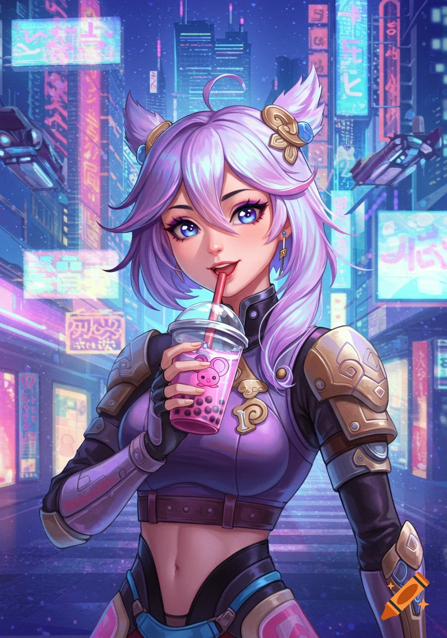 Anime girl with purple hair and cat ears drinking boba tea in a neon-lit cyberpunk city at night.