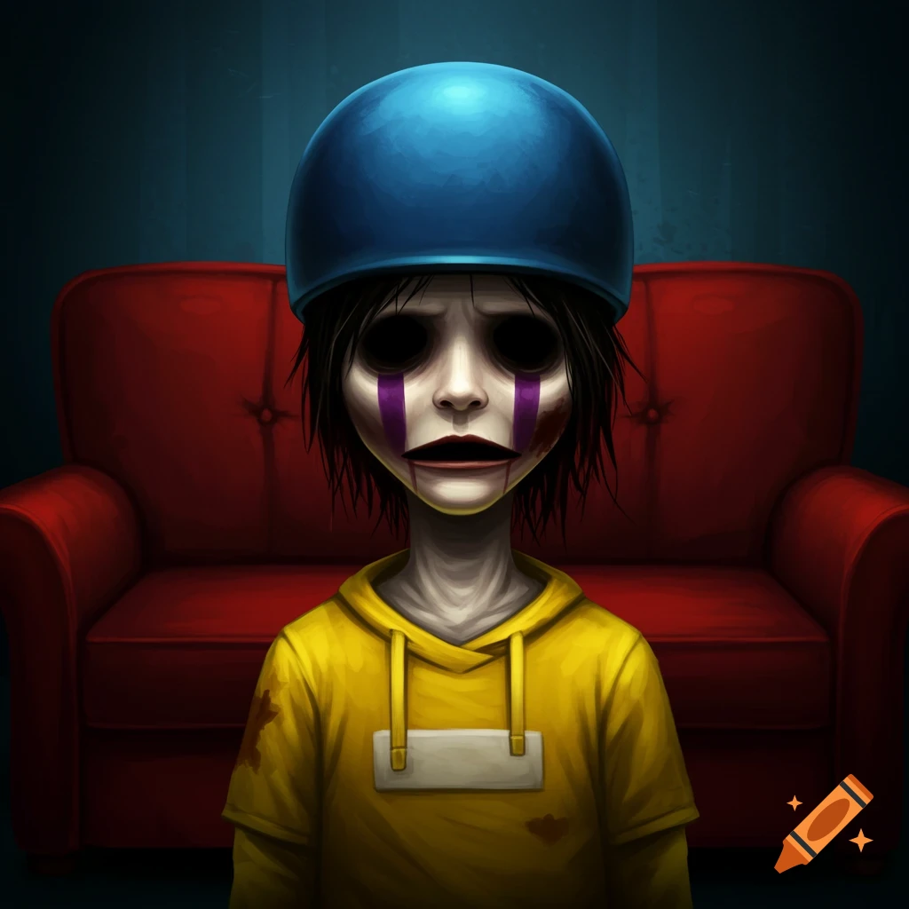 A creepy puppet-like figure with a blue helmet and yellow hoodie, dark empty eyes, and purple and red marks on its face stands in front of a red couch.