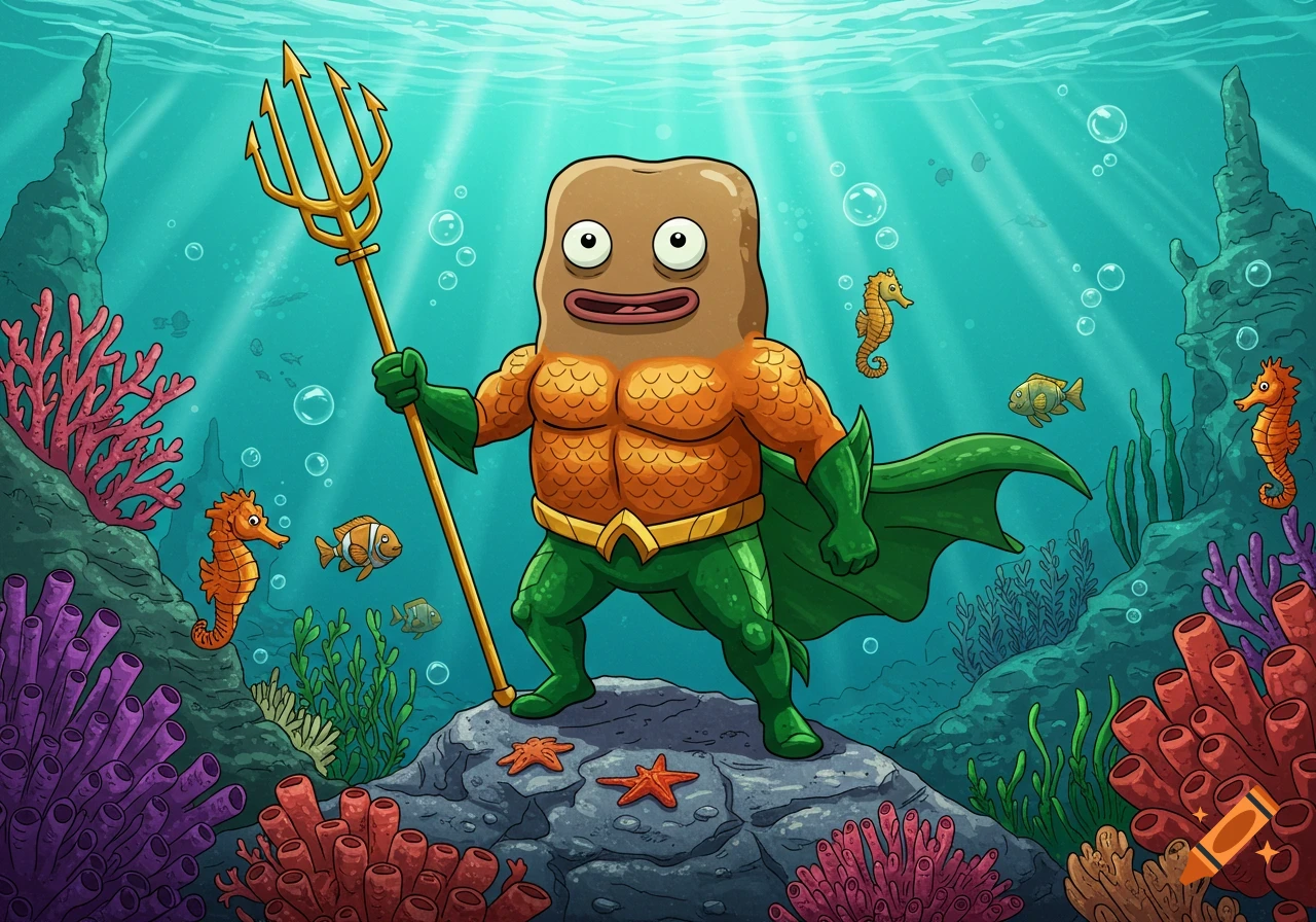 A cartoon character resembling Meatwad dressed as Aquaman, holding a trident, stands on a rock underwater surrounded by coral, seahorses, and fish.