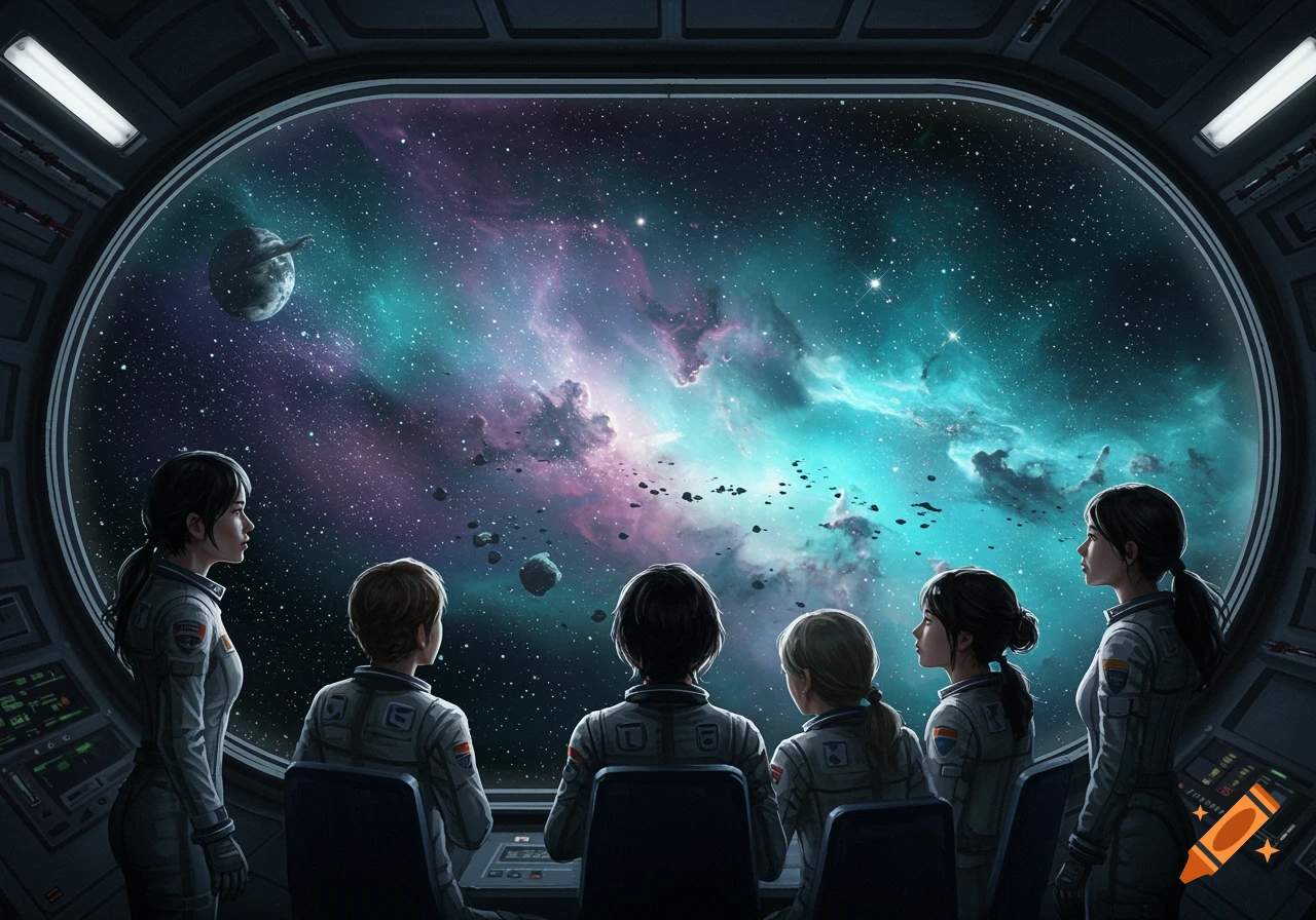 A group of astronauts looks out a large spaceship window at a vibrant galaxy with a planet and asteroids.