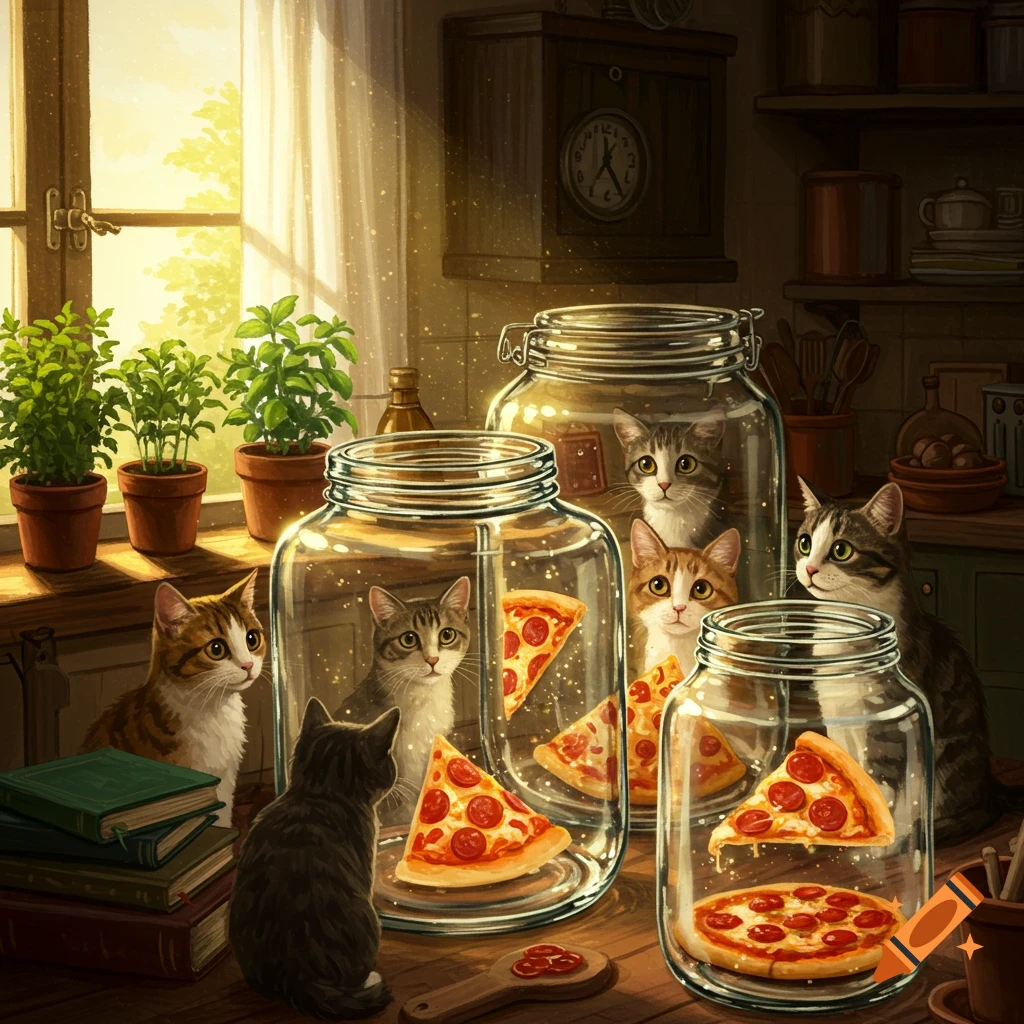 Cats look at pizza slices inside large glass jars on a sunlit kitchen counter.