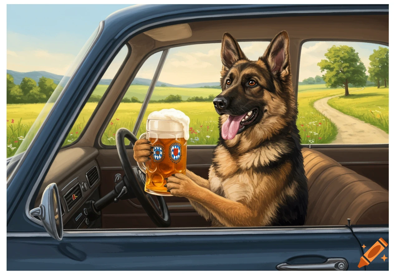 A German Shepherd dog driving a car, holding a frothy beer mug, with a winding road and green fields visible through the windows.