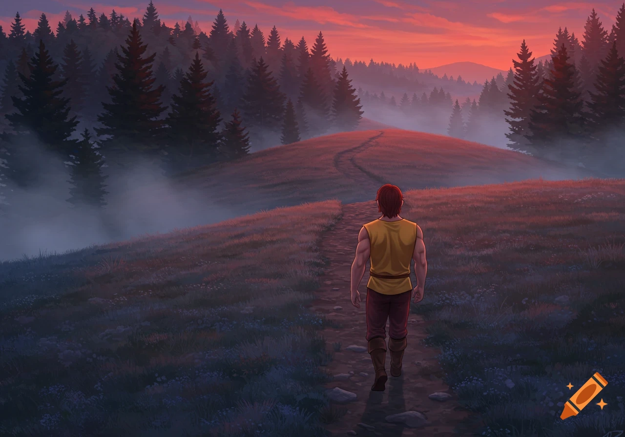 An illustration of a muscular man walking on a path through a misty forest at sunrise, with a vibrant red and orange sky.