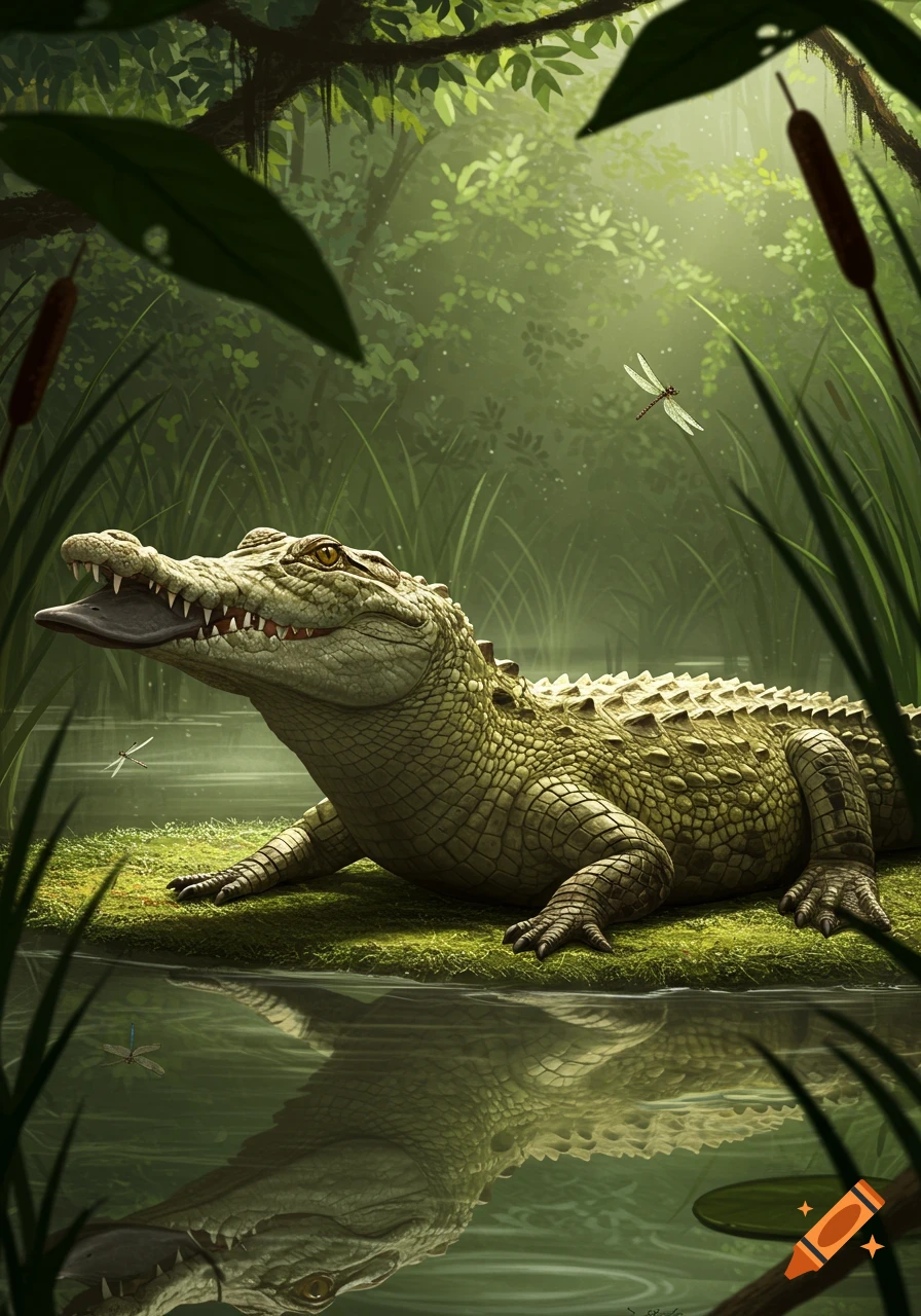 A digital illustration of a crocodile-platypus hybrid creature on a mossy bank in a swamp, with its reflection in the water.