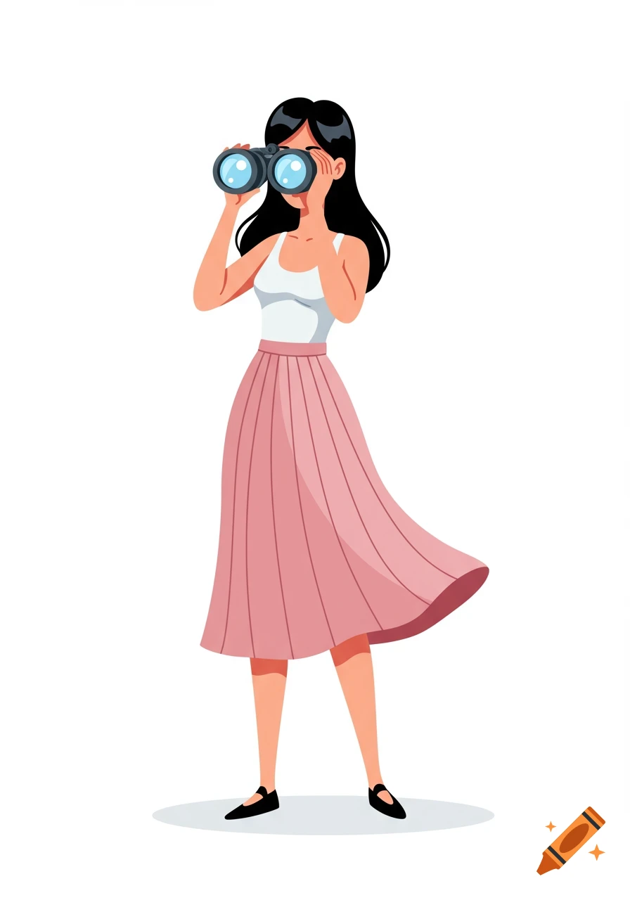 A cartoon woman with black hair in a white tank top and pink skirt looks through binoculars.