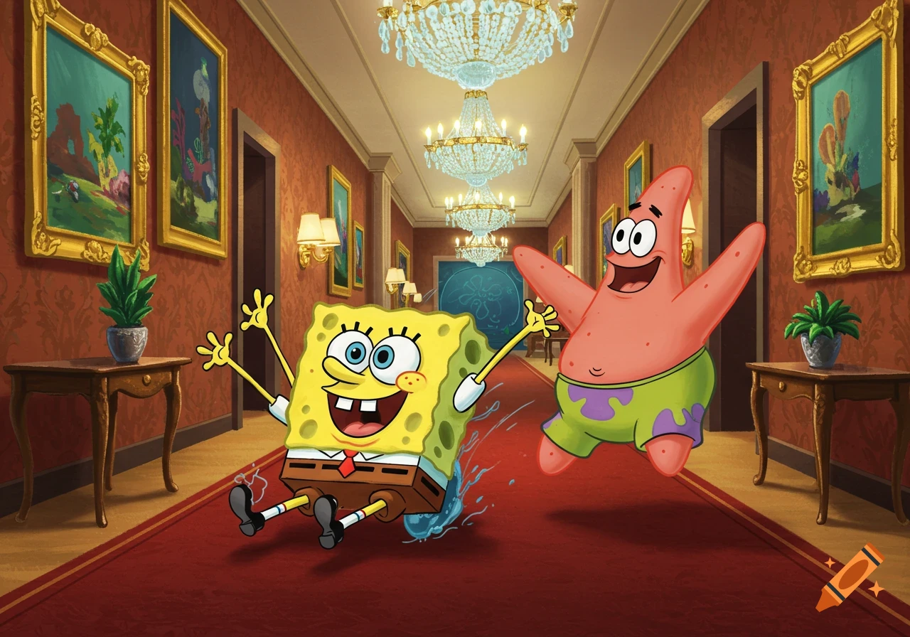 Spongebob Squarepants slides on a red carpet in a grand hotel hallway as Patrick Star jumps happily beside him, in a vibrant cartoon style.
