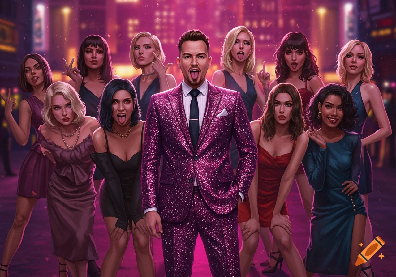 A man in a glittery pink suit sticks his tongue out, surrounded by a diverse group of women in dresses striking sassy poses, including some sticking out tongues and making gestures. The scene is a vibrant, pink-lit night street in a digital illustration style.