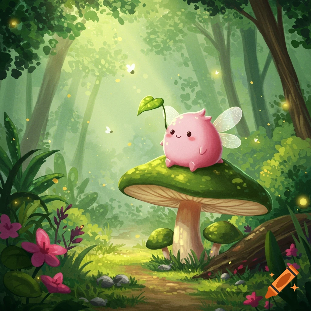 A cute pink fairy-like creature with a leaf antenna sitting on a large mushroom in a bright, green forest.
