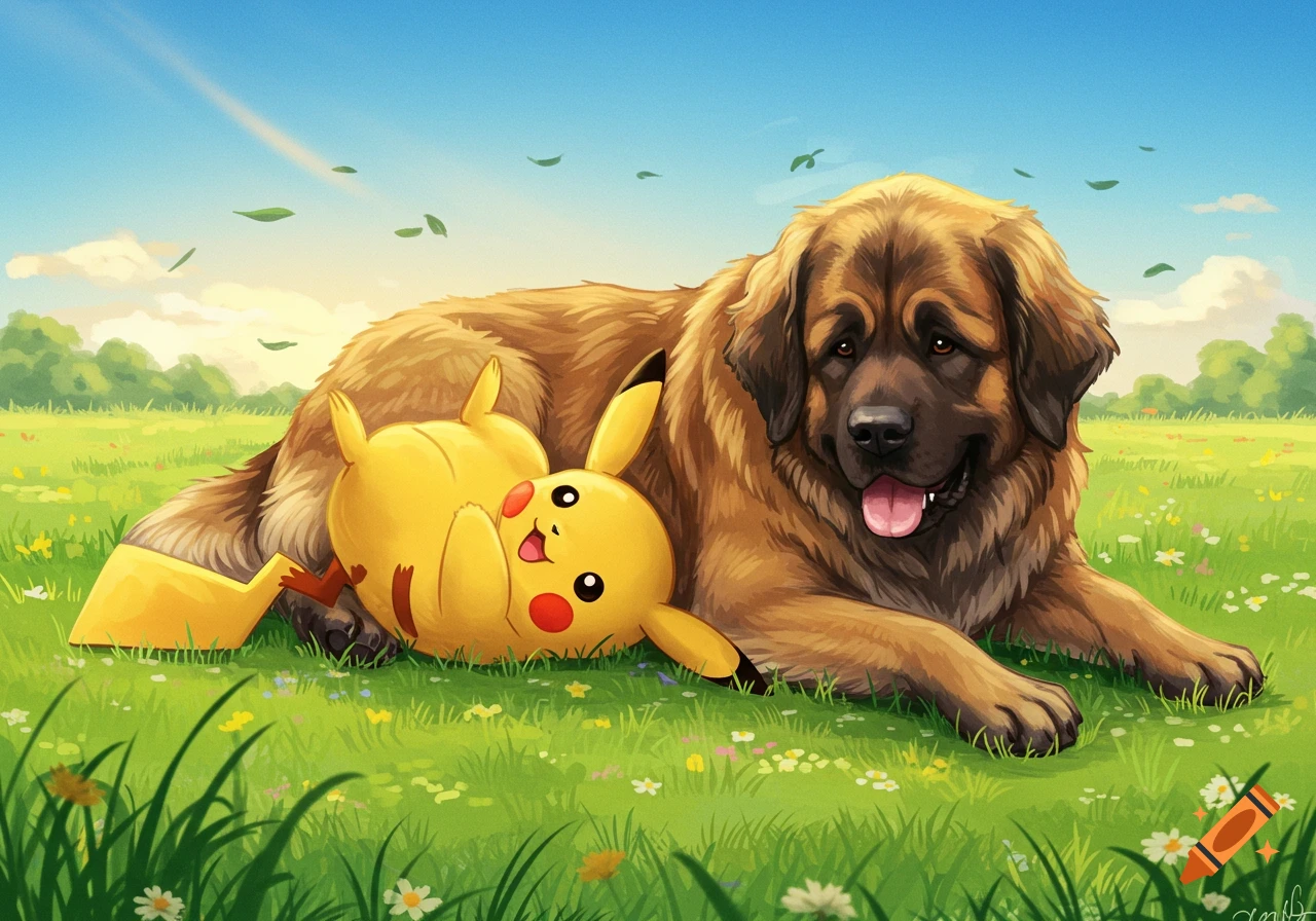A happy Leonberger dog and Pikachu lying in a green field under a sunny blue sky. Pikachu is on its back.