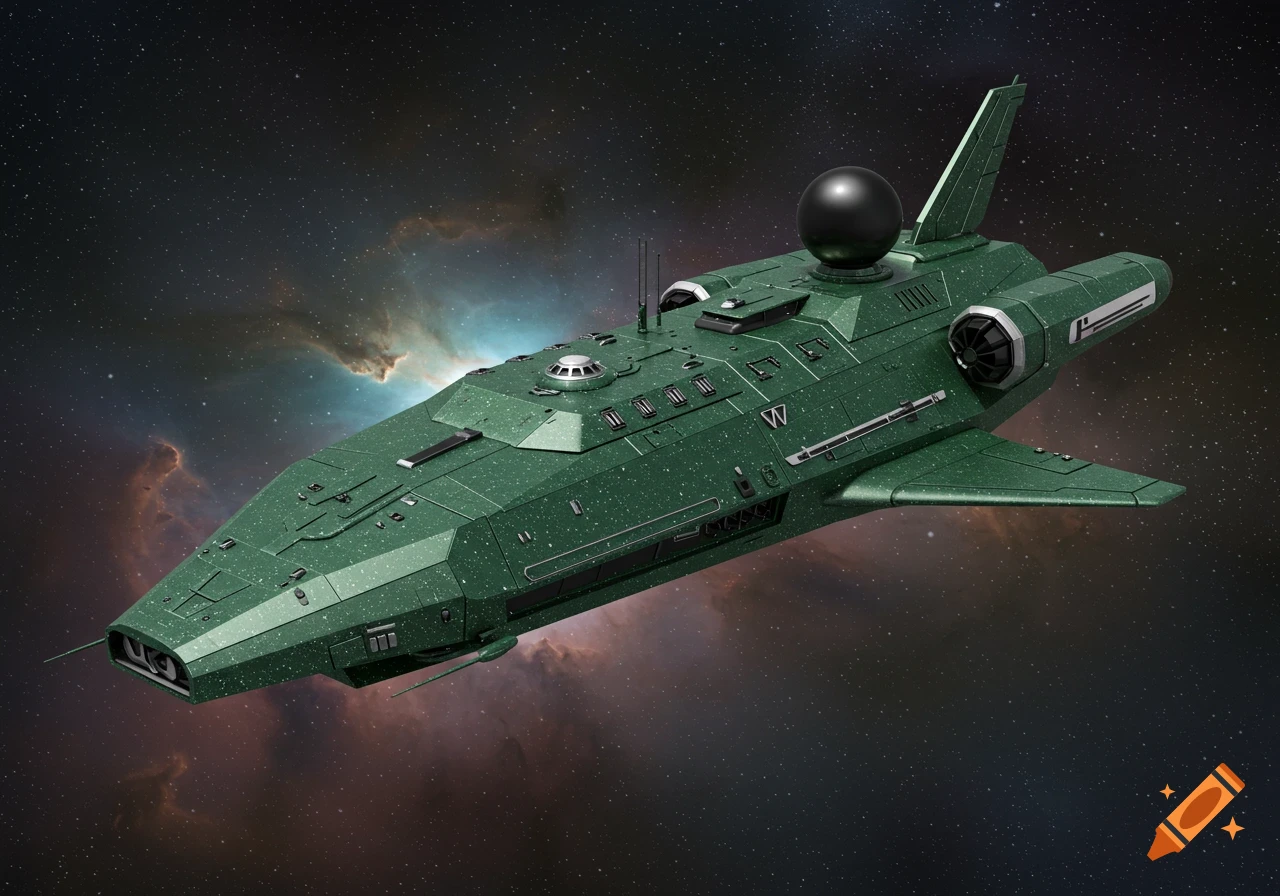 A sleek, angular, metallic hunter green space exploration and surveillance vessel with black and silver details, flying through starry space with nebulae.