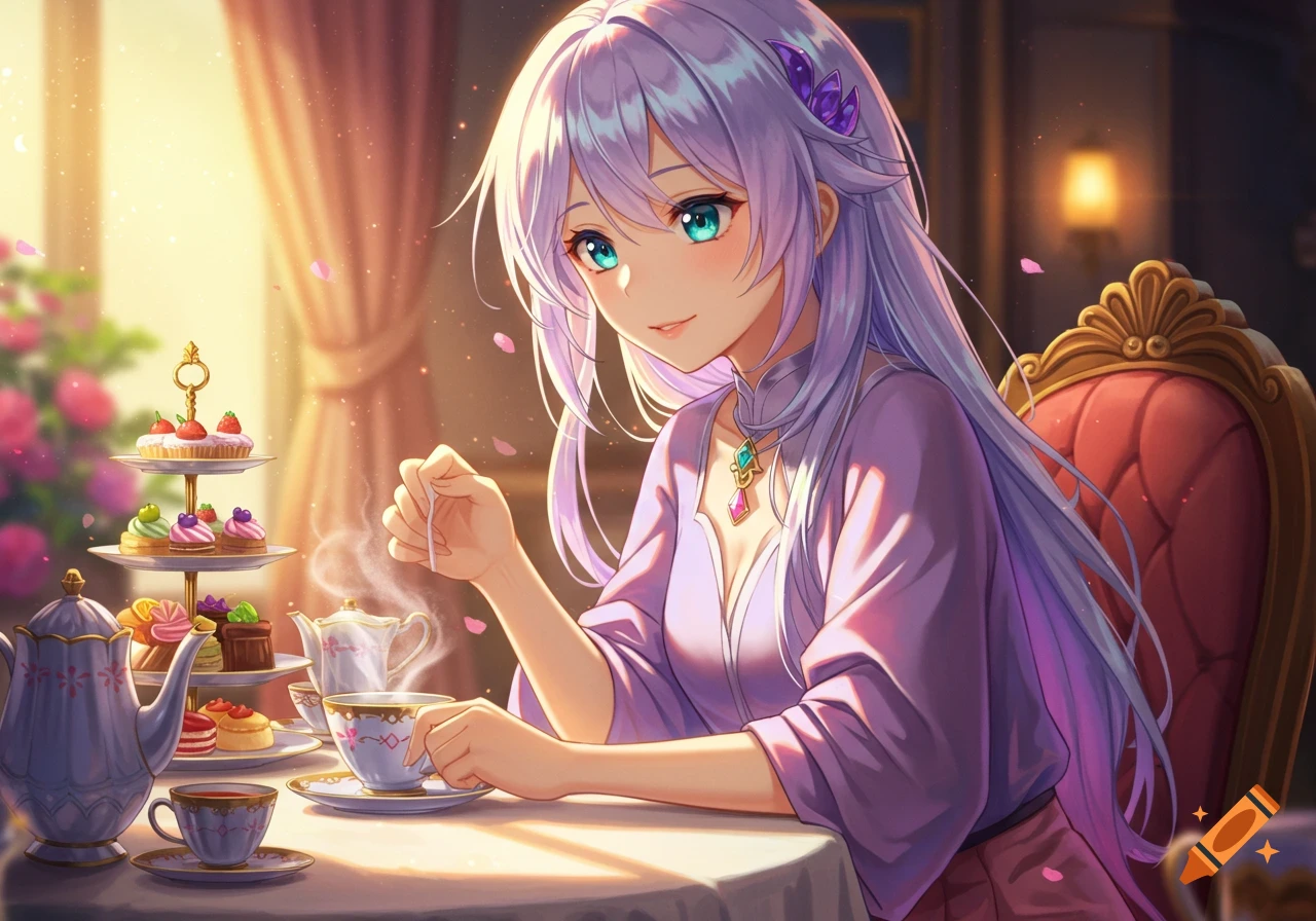 An anime girl with long lavender hair and green eyes sips tea at a table with desserts.