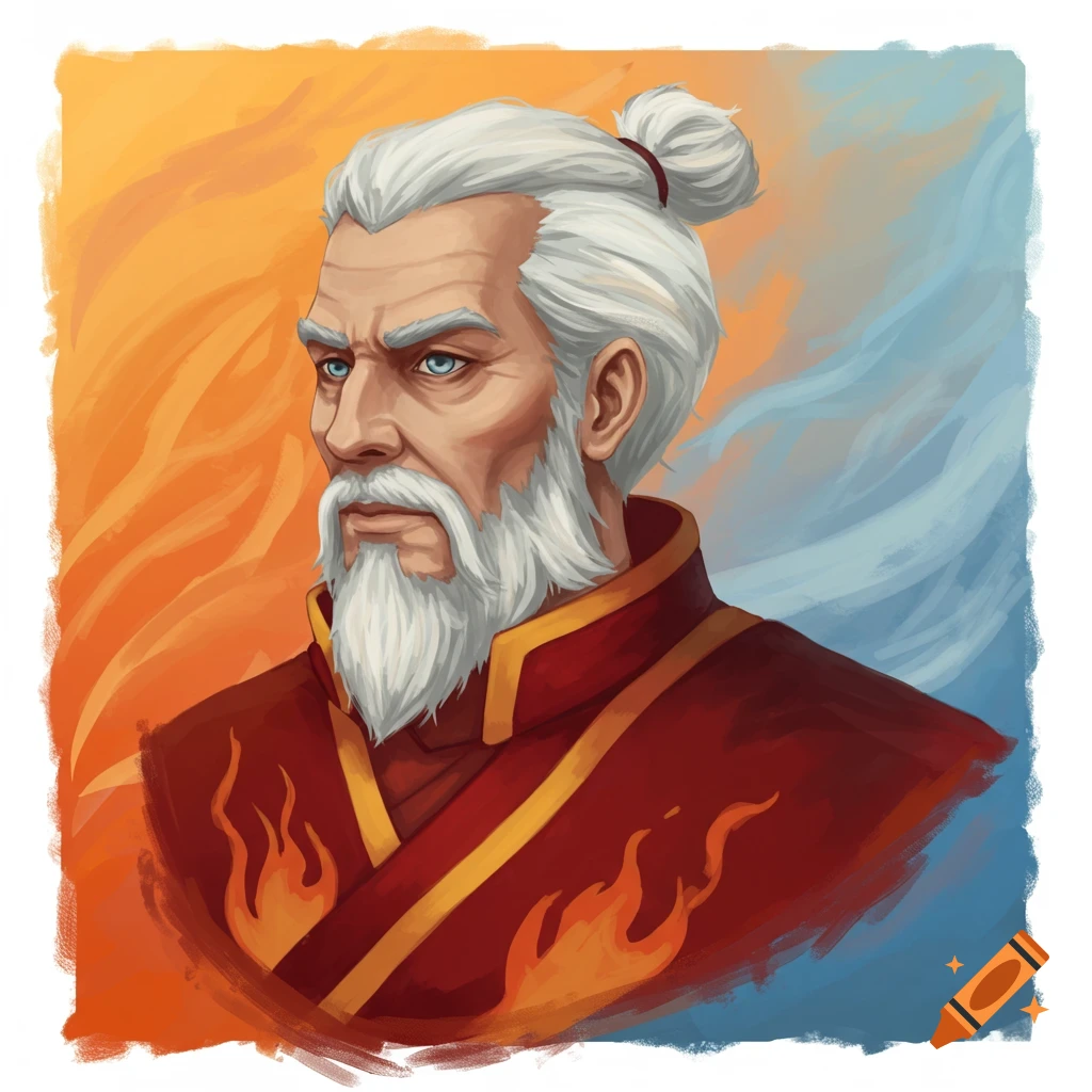 Digital painting of an elderly man with white hair in a top knot, beard, and blue eyes, wearing a red robe with flame patterns, against an orange and blue gradient.