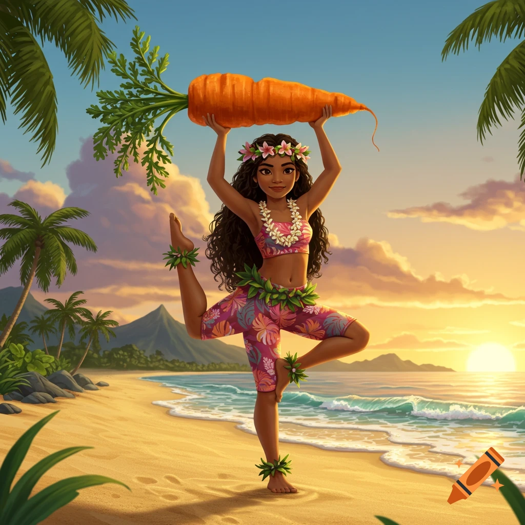 Illustrated Pacific islander woman doing yoga on a beach at sunset, balancing on one leg while holding a giant carrot over her head.
