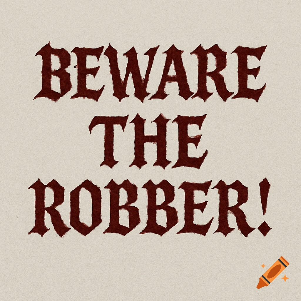 The phrase "BEWARE THE ROBBER!" is written in a dark red, gothic-style font on a light beige background.