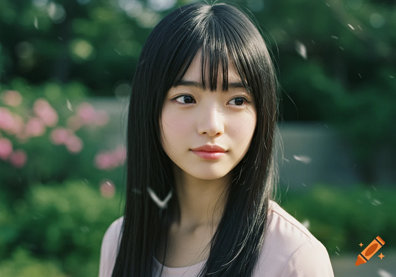 Realistic photo of a young woman with long black hair and bangs, looking away in an outdoor setting with blurred green foliage and floating white particles.