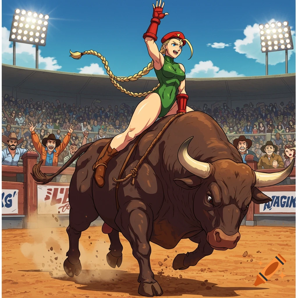 Cammy from Street Fighter rides a bucking bull in a rodeo arena, raising her hand, in an anime art style.